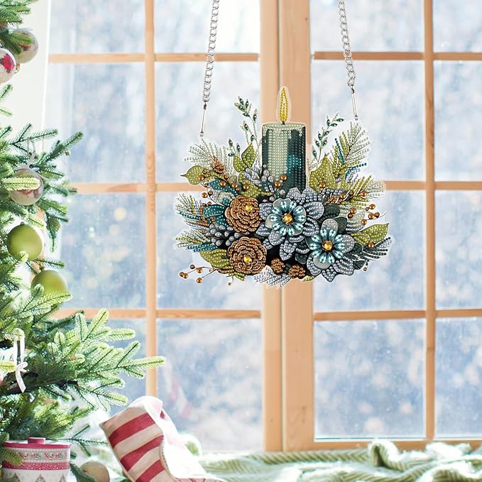 Christmas Diamond Painting Hanging Ornament Kit, 5D DIY Crystal Diamond Art Pendant with Candle and Floral Decoration, Holiday Wall, Window & Door Hanging Decor for Adults, Home Gift, 24.1 x 21.9 cm