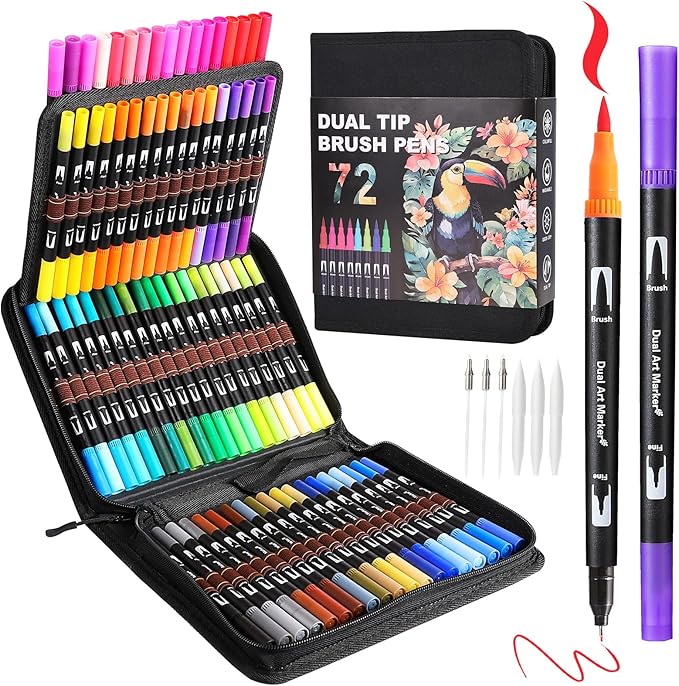 Art Markers Pens Dual Tip Coloring Markers Set with Brush & Fine Nib for Adult Coloring Book Brush Pens Professional Calligraphy & Drawing Art Supplies Kit for Adults (72 Colors)