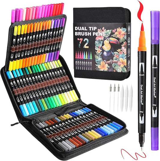Art Markers Pens Dual Tip Coloring Markers Set with Brush & Fine Nib for Adult Coloring Book Brush Pens Professional Calligraphy & Drawing Art Supplies Kit for Adults (72 Colors)