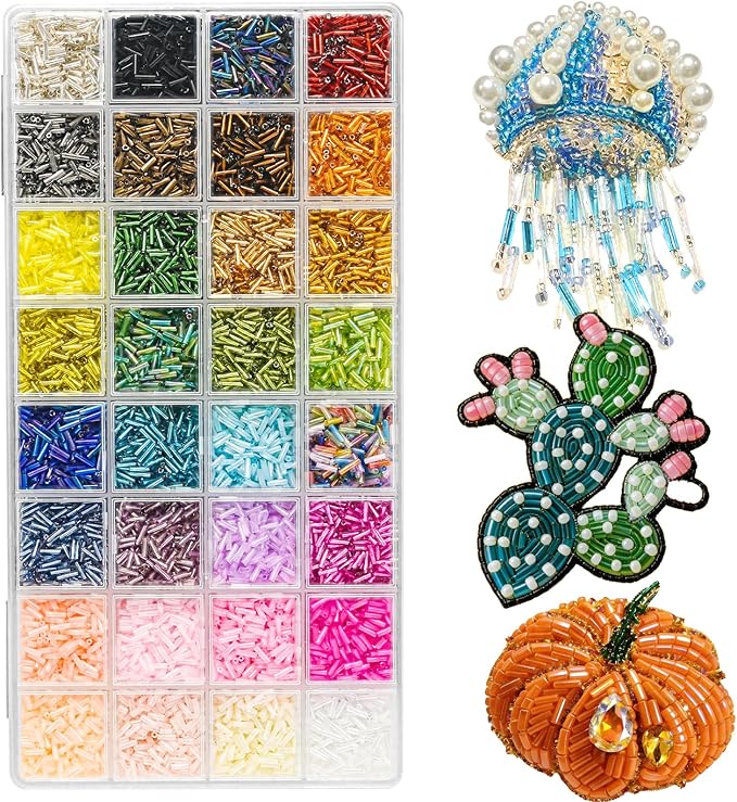 VvLons Glass Bugle Beads Kit 7mm 32 Colors Vibrant Tube Beads Kit for DIY Bracelet Necklaces Hand Embroidery Craft Enthusiasts & Home Decoration Jewelry Making Supplies for Adult