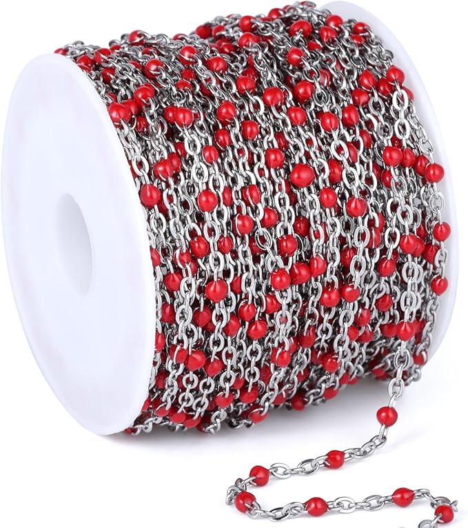 33 Feet Stainless Steel Enamel Chains Bulk, 2mm 304 Stainless Steel Red Enamel Beaded Cable Link Chain Roll Spool for Jewelry Making