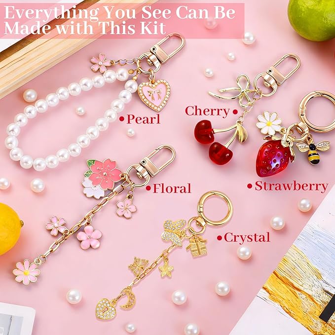 Wurosi 945 Pcs Bag Charm Kit, Charms Lip Gloss Keychain Making Kit, Beaded Keychain Making Kit, Y2K Keychains, 8 Ball Dice Charm Keychains, DIY Customizable Crafts Key Chains(Gold & Silver)