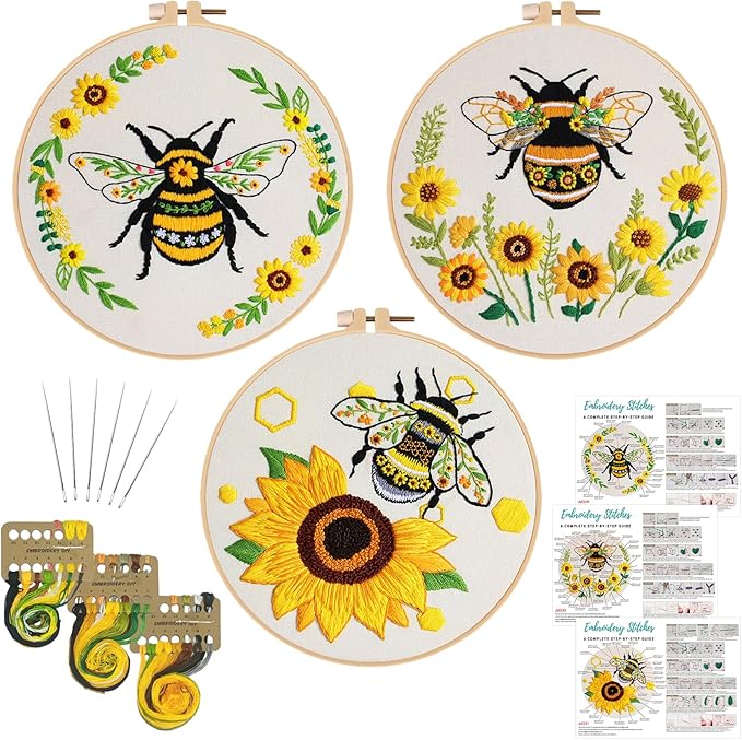 Nuberlic 3 Pack Embroidery Kit for Beginner Adults, Cross Stitch Set with Cute Bee Patterns, Includes Cloth, Hoops, Threads, Needles, Instructions