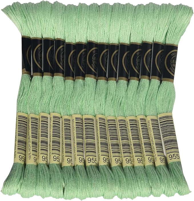 LE PAON Embroidery Floss, 14-Pack Six Strands 100% Long Staple Cotton Embroidery Thread, 8.7-Yard，Color Number：955, Light Nile Green