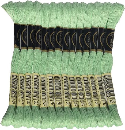 LE PAON Embroidery Floss, 14-Pack Six Strands 100% Long Staple Cotton Embroidery Thread, 8.7-Yard，Color Number：955, Light Nile Green