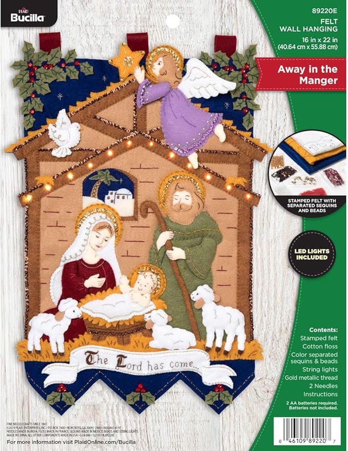 Bucilla 89220E Felt Applique Christmas Wall Hanging Kit, 16" x 22", Away in The Manger