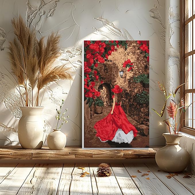 GHHKUD Red Dress Women Paint by Numbers Kits with Frame for Adults Beginners, DIY Landscape Paint by Numbers for Kids, Painting Art on Canvas Gifts Home Wall Decor 20x30cm