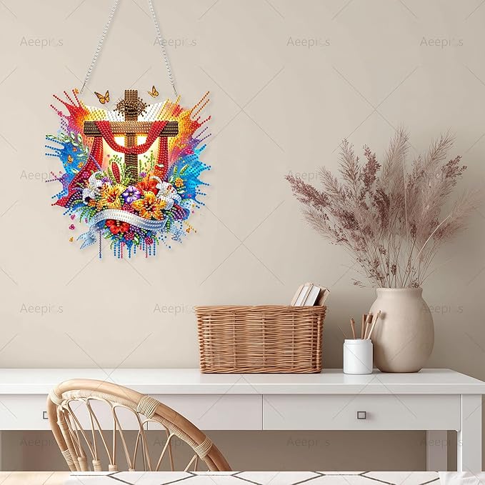 Aeepics Hanging Diamond Art Kit for Adult, DIY Diamonds Painting Pendant Ornament Kit, Acrylic Diamond Art Painting Board Kit (Cross)