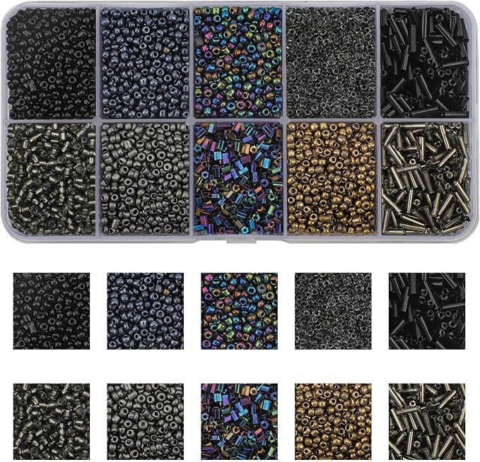Approx 5000pcs 12/0 Glass Seed Beads for Jewelry Making, 2mm Mix 10 Colors Tube Beads Glass Bugle Beads Waist Beads Kit for Bracelets Necklaces Earrings DIY Supplies (Black)