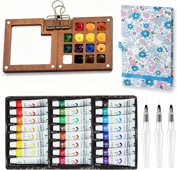 Mini Portable Watercolor Palette Set-Grid Paint Box with Binder Clips Include 24 Colors Paint - Brush*3 and Picture Album Art Materials Coloring Markers for Travel, Creative Drawing Kit for Beginners and Art Enthusiasts(Blue Wood-L)
