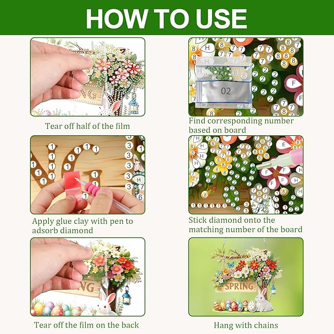 CEOVR Spring Hanging Diamond Painting, Easter Bunny Diamond Art for Adults Pendant DIY Spring Gem Art Wall Hanging Ornament, Acrylic Home Garden Decor with Chain, Box Kit 7.75×7.17inch