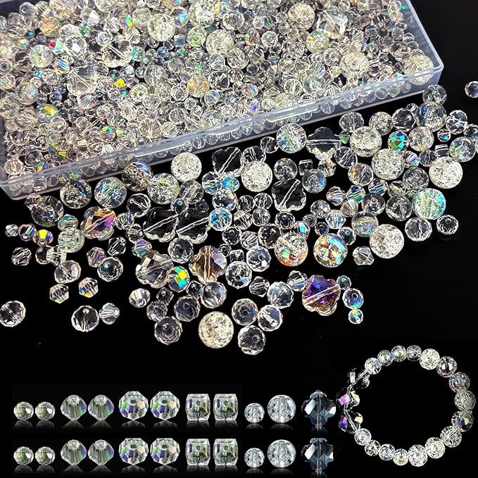 1000Pcs Glass Beads for Jewelry Making Crystal Beads for Bracelet Craft Necklace Earring Making Assorted Color 5 Style/Crackle Round/Briolette Faceted/Bicone/Cube/Four-Leaf Clover / 4 Size