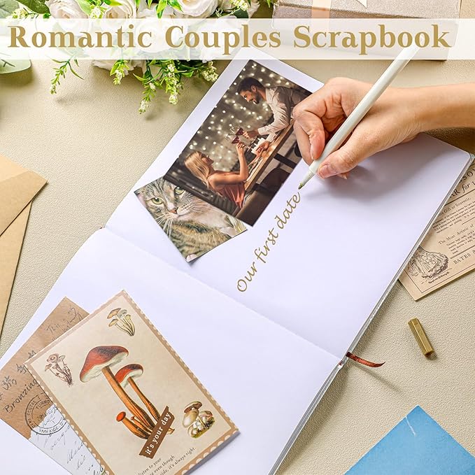Colarr Hardcover Couples Scrapbook 144 Pages 8.7 x 8.7" Valentine Couples Photo Album Scrapbook Journal for 1 Year Wedding Memory Anniversary Photo Book Gift with 2 Markers(White)
