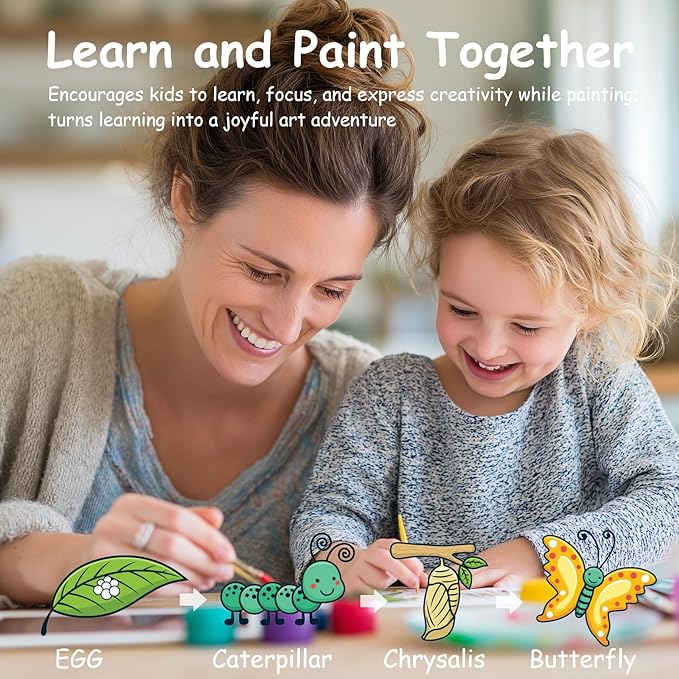 Gemozaic Butterfly Paint by Numbers Kit for Kids with Frame and Easel, Butterfly Life Cycle Framed Kids Paint by Number on Canvas Age 6-8-12 for Gift, Home, Wall Decor, 8x8 Inch