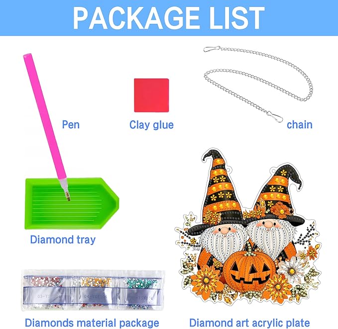 VAIIEYO Halloween Diamond Art Hanging Ornament, Dwarf Gnome Diamond Painting Suncatchers Window Hanging Kit with Chain, 7.5x7.5 inch Crystal Pendant Art Craft for Gift Home Wall Front Door Decoration