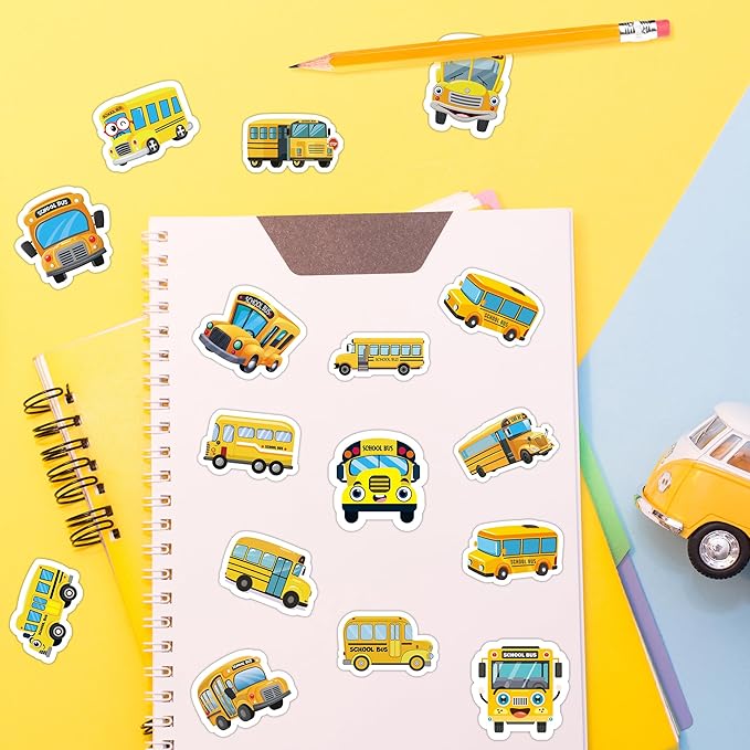 beyumi school bus roll stickers - 1000pcs school bus stickers in 2 rolls back to school waterproof vinyl cartoon transportation decals for laptop bottle notebook luggage computer classroom decor kids
