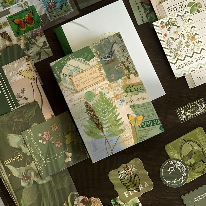YagCu Botanical Scrapbooking Kit, Vintage Junk Journal Supplies for Adult, Green Large Collection Journal and Scrapbook Set, Journaling Materials, Arts Craft Beginner Stationery