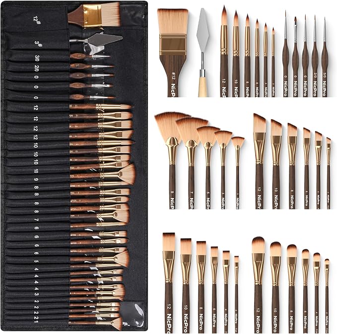 Nicpro 36pcs Paint Brush Set, Professional Paintbrushes with Palette Knife and Cloth Roll, Suitable for Acrylic Painting, Oil, Watercolor, Gouache, Art Supplies for Artists & Beginners (Gold Color)