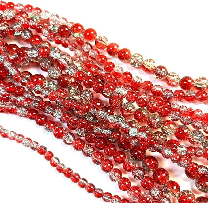 Glass Beads for Jewelry Making, 315Pcs Crackle Round 6/8/10mm Crystal Beads for Bracelet Craft Necklace Earring Making Wine Charms Wind Chimes, Red with Light Green Color