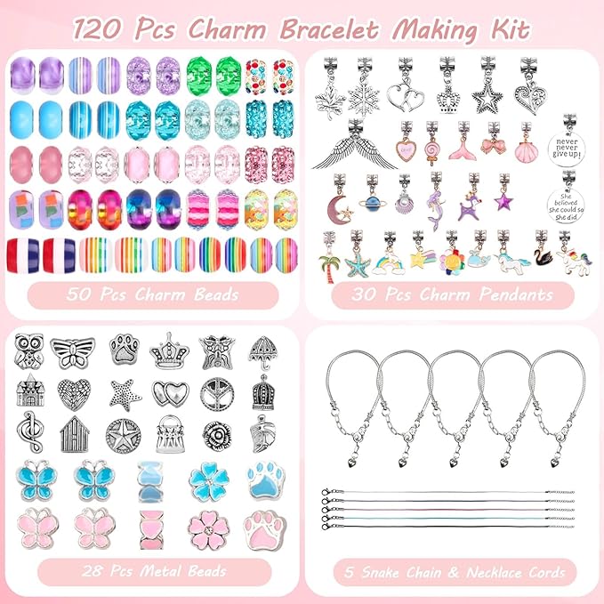 UFU Charm Bracelet Making Kit, 120Pcs DIY Jewelry Making Kit Arts & Crafts Gift for Girls 5 6 7 8-12, A Sweet Birthday Gift & Toy to Inspire Imagination & Creativity, with Portable Jewelry Box