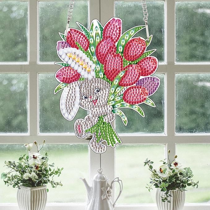 Tontut Easter Diamond Painting Wall Hanging, Bunny Flower Special Shape Diamond Painting Kits, Acrylic Crafted Diamond Art for Home Wall Garden Decoration