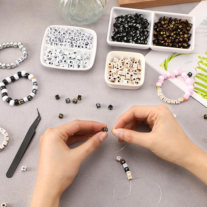 Augshy 1400Pcs 5 Colors Square Alphabet Beads A-Z Cube Acrylic Letters Beads for Bracelets Necklaces Phone Lanyard Making with 1 Roll Crystal String Cord for Jewelry Making(6mm)