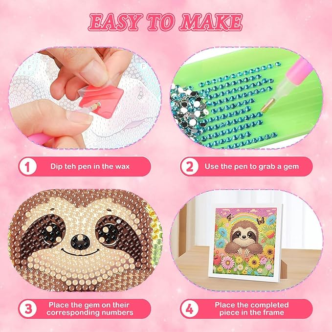 Sloth Diamond Art Painting Kits for Kids with Frame, Animal Diamond Art for Kids Ages 4-8-12 with Frame, Easy Small Cute Gem Painting Kit for Gift Home Wall Decoration (7x7 inch)