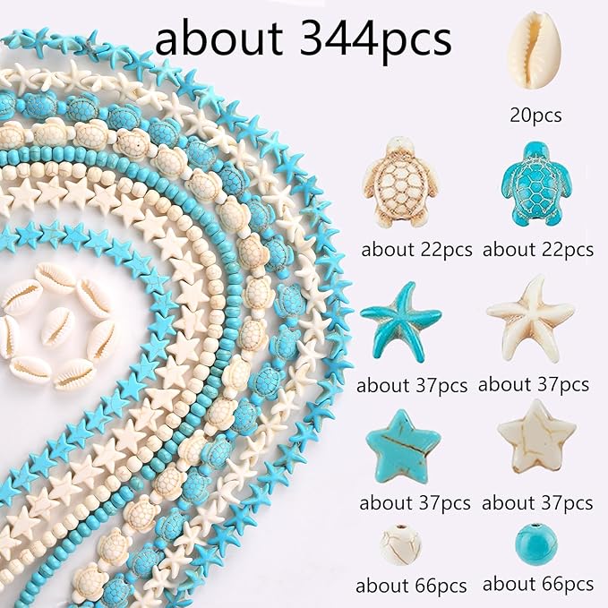 344Pcs Turquoise Sea Turtle Beads Blue and White Starfish Beads Tortoise Turtle Charms Summer Beach Animal Spacer Bead Shell Bead for Jewelry Making DIY Bracelet Necklace (8 Strings)