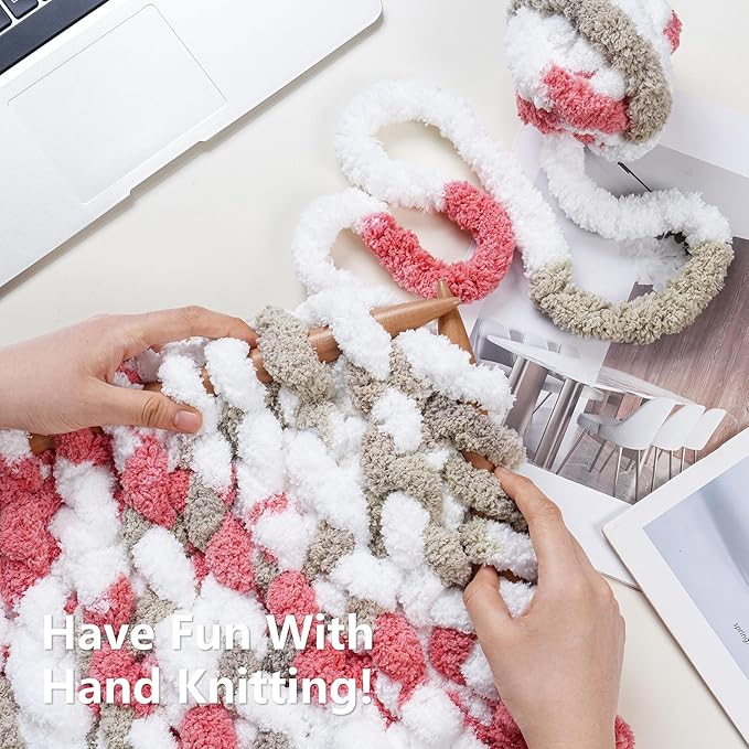 Chunky Yarn for Hand Knitting - #10 Chunky Chenille Blanket Yarn, Jumbo Big Thick Chunky Yarns for Crocheting, Tie Dye Bulky Knit Yarns, 8 Skein (25 yds 8 oz Each Skein), Khaki & Rose & White