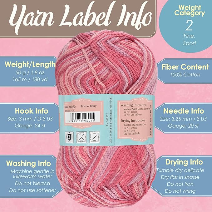 JubileeYarn Cotton Select Yarn - 50g/Skein Sport Weight - Pebble Beach - 8 Skeins