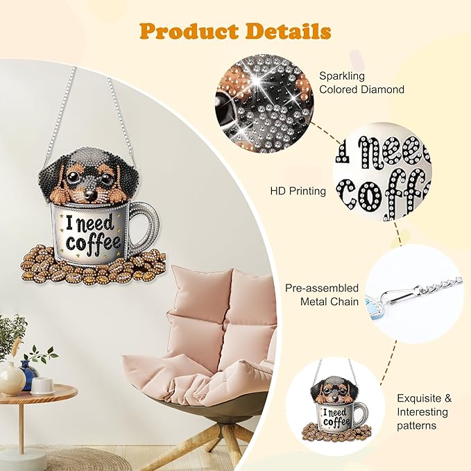 HEIBAGO Diamond Art Hanging Kits for Adults Kids, Hanging Diamond Art Dog, 5D Special Shaped Crystal Diamond Painting Kit Coffee, DIY Pattern Window Pendant for Home Wall Decor 8.3x8.3 Inch