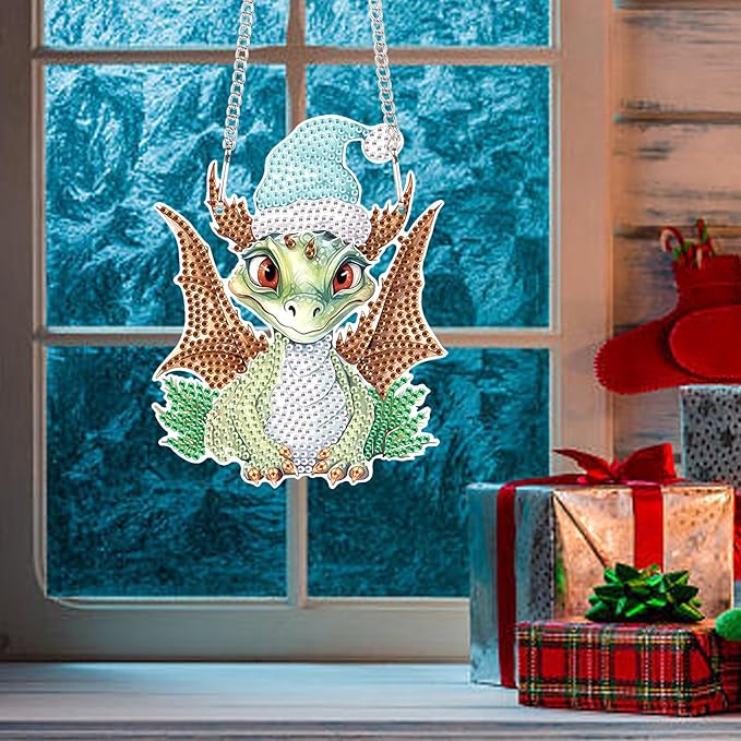 AiYuanzsh 5D Diamond Painting Hanging Pendant for Adults, Christmas Dragon Diamond Art Kit, DIY Rhinestone Painting Ornament for Home, Garden, Door, Wall, and Window Decor