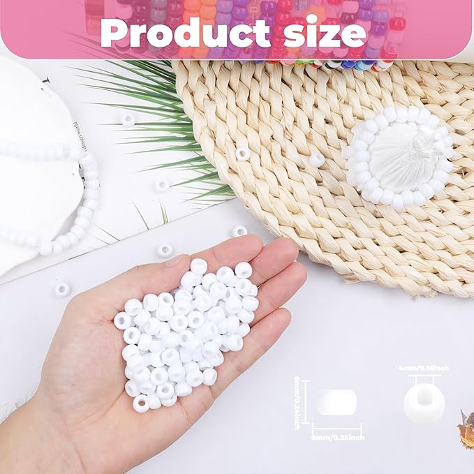 White Pony Beads for Bracelet 1000 Pcs Plastic Beads for Friendship Bracelets 6x9mm Large Hole Beads for Hair Braiding Small Beads Necklace Earrings Jewelry Making