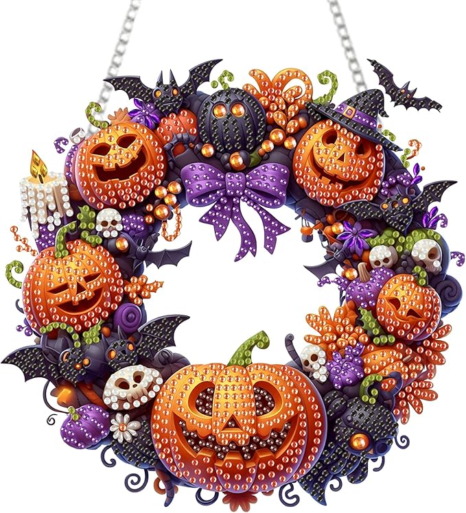 RYMILIE Diamond Art Hanging Kit for Adult,Special Shaped Rhinestone,Double Sided 5D DIY Acrylic Diamond Art Painting Window Pendants Home Garden Wall Hanging Kits Hanging Ornament (Halloween Pumpkin)