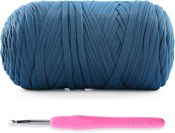 Soft T-Shirt Yarn for Crochet, T Shirt Yarns for Crocheting Crafts, Bags, Basket, Coaster, Tshirt Yarns - 400 g/130 yds with 1 Crochet Hook (1, Denim Blue)