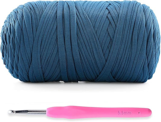 Soft T-Shirt Yarn for Crochet, T Shirt Yarns for Crocheting Crafts, Bags, Basket, Coaster, Tshirt Yarns - 400 g/130 yds with 1 Crochet Hook (1, Denim Blue)