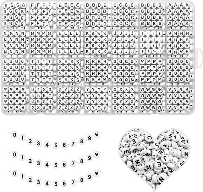 Alphabet Beads A-Z 1300+Pcs Letter Beads, Acrylic 4x7mm Round Letter Beads Kits,Black Digit and Colorful Smile Beads for Bracelets Necklaces DIY Jewelry Making (Black,1300+PCS)