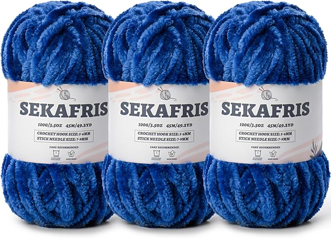Fuzzy Chunky Chenille Yarn for Crocheting，Soft Plush Yarns for Hand Knitting，Bulky 3x100g（3x49.2 yd） Baby Blanket Yarn for Crocheting Amigurumi，Crochet Fluffy Velvet Yarns (3 Royal Blue)