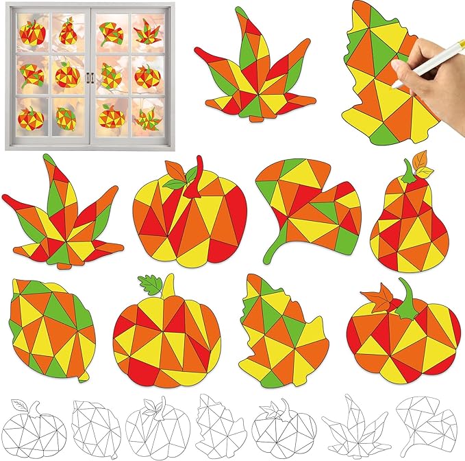 Qyeahkj 30Pcs Thanksgiving Pumpkin Fall Suncatchers Craft Kit DIY Coloring Maple Leaves Art Craft Autumn Window Cling Sticker Window Ornaments Decor Gift for Activities