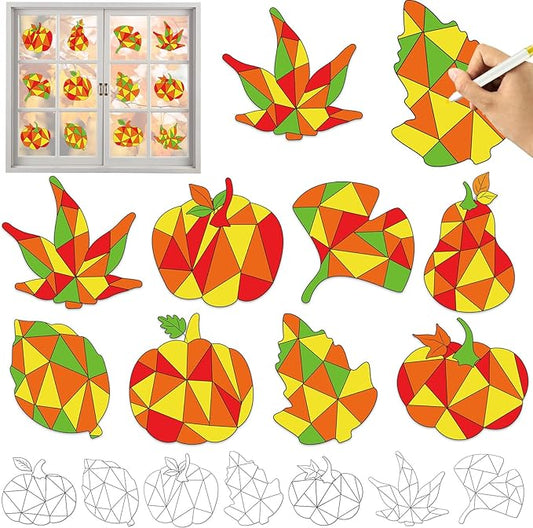 Qyeahkj 30Pcs Thanksgiving Pumpkin Fall Suncatchers Craft Kit DIY Coloring Maple Leaves Art Craft Autumn Window Cling Sticker Window Ornaments Decor Gift for Activities