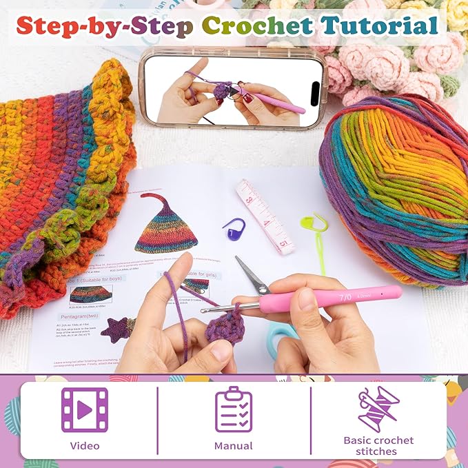 Alvian Elf Hat Crochet Kit for Beginners Rainbow Crochet Beanie Kit Knitting Kit for Beginners Adults Handmade Winter Toque (Red)
