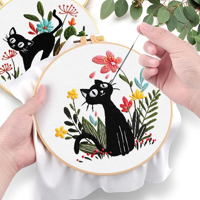 ERKOON Embroidery Kit for Beginners, 5 Sets Flower Cross Stitch Set for Adults Include Embroidery Cloth Hoops Threads for Craft Lover Hand Stitch with Skill Techniques (Black Cat)