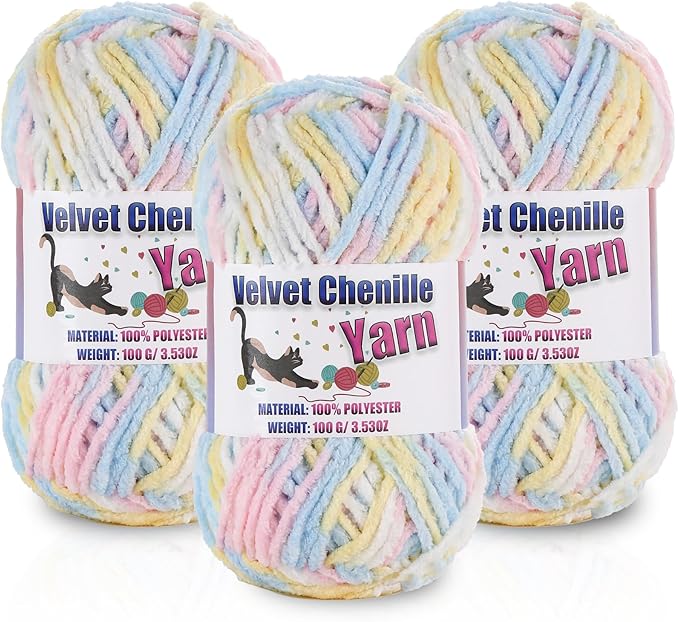 3 * 100g/3.5oz Fluffy Chenille Yarn for Crocheting, Chunky Velvet Yarn for Crochet Amigurumi, Used for Making Baby Yarns Blanket, Clothes, Pattern Knitting Creations (Colorful-C)