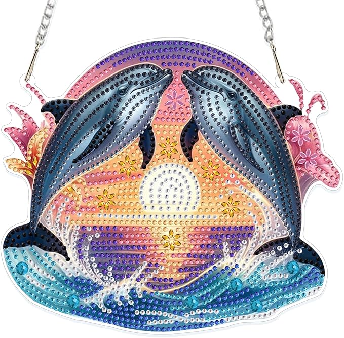 GHHKUD Dolphins Diamond Art Hanging Kit for Adults, DIY Double Sided Diamond Painting Hanging Valentines Kits Adults, Special Shaped Acrylic Ornaments Pendants for Window Home Garden Wall