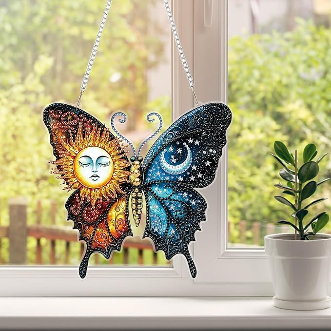 HEIBAGO Diamond Art Hanging Kits for Adults Kids, Hanging Diamond Art Butterfly, 5D Special Shaped Crystal Diamond Painting Kit Sun and Moon, DIY Pattern Window Pendant for Home Wall Decor 8.3x8.3Inch