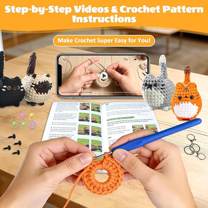 Esoes Crochet Kit for Beginners-4PCS Cat Crochet Kits for Adults, Amigurumi Crochet Animals Cat Crafts Crochet Kits, Holiday Gifts