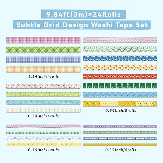 Grid Washi Tape Set 24 Rolls, Decorative Masking Tape for Junk Journal, Scrapbooking Supplies, DIY Crafting Supplies