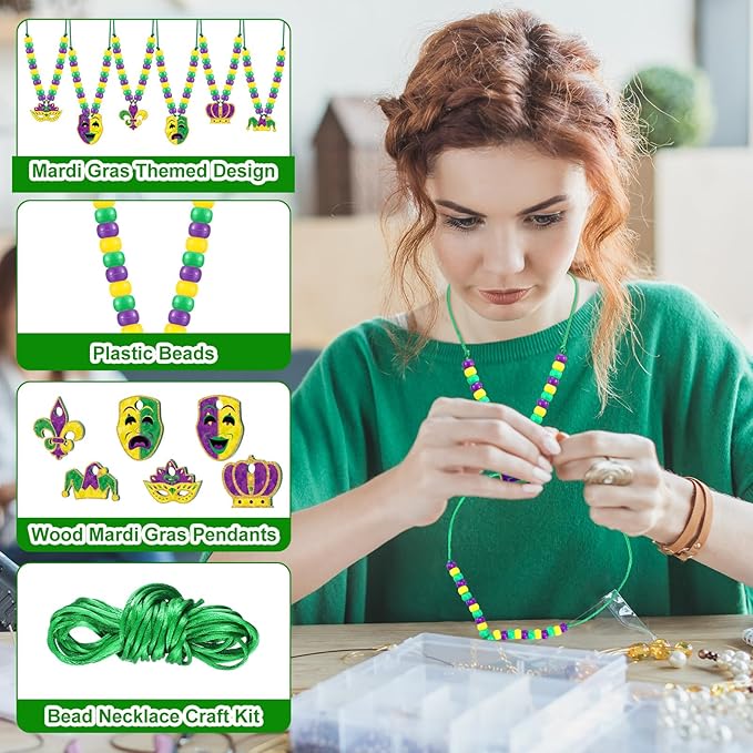 Ecally 24 Sets Mardi Gras Bead Necklaces Making Kit Carnival DIY Craft Kit Green Purple Beads Mask Fleur De Lis Pendant Necklaces for Masquerade Parades Jewelry Gifts Making Party Favors