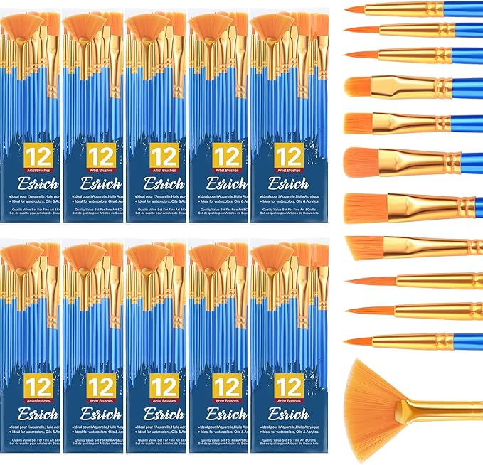 ESRICH Paint Brushes Set,10pack/120pcs Nylon Hair Round-Pointed Tip Acrylic Paint Brush for Watercolor Oil Rock Face Painting,12 Sizes Paint Brush for All Purposes Kids Adult Arts Painting Brush Kits.