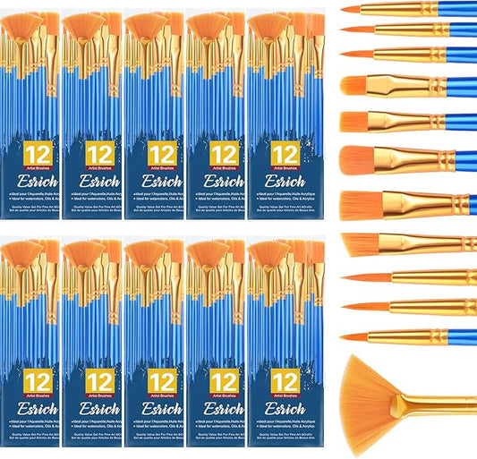 ESRICH Paint Brushes Set,10pack/120pcs Nylon Hair Round-Pointed Tip Acrylic Paint Brush for Watercolor Oil Rock Face Painting,12 Sizes Paint Brush for All Purposes Kids Adult Arts Painting Brush Kits.